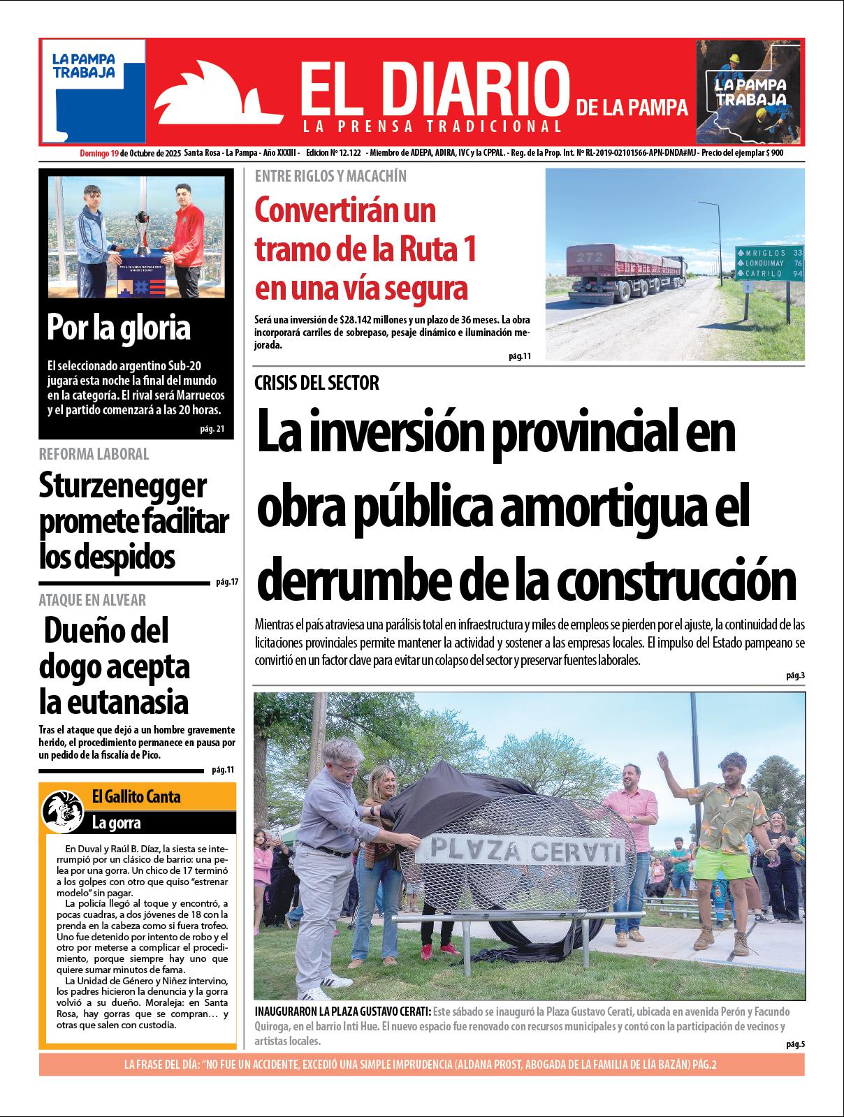 Tapa de El Diario en papel  domingo 19 de octubre de 2025